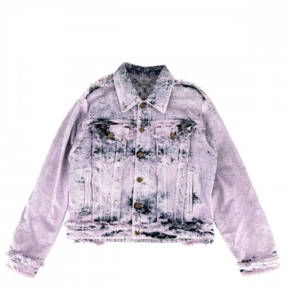LOUIS VUITTON ルイヴィトン デニムジャケット ボーイフッド フリンジ アウター ダメージ加工 モノグラム 服 48 ピンク ブルー 青 アンティークゴールド金具 コットン メンズ 春 秋 美品【中古品】