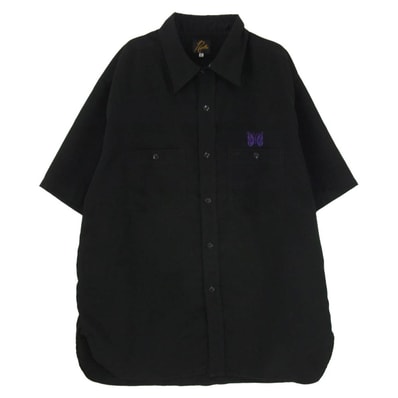 Needles ニードルス 22SS KP180 S/S WORK SHIRT Poly Cloth パピヨン刺繍 半袖 ワークシャツ ブラック系 XL【中古】