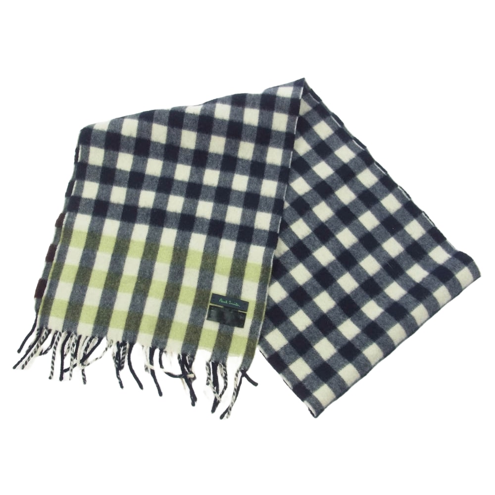 Paul Smith ポール・スミス マフラー ラムウール アンゴラ チェック 柄 フリンジ マフラー オフホワイト系 ネイビー系【中古】