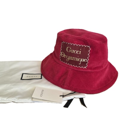 GUCCI グッチ ロゴ ラベル コットンフェドラバケットハット ハット 627174 コーデュロイ ベロア レッド メンズ【中古】