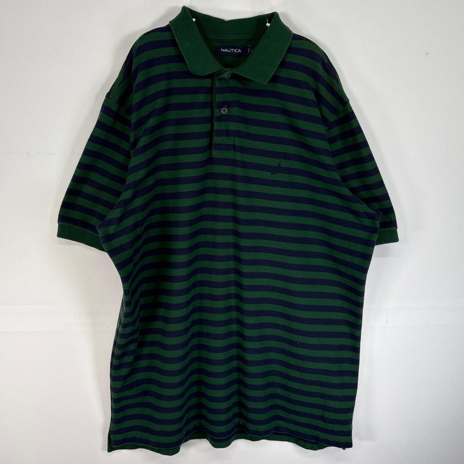 古着 ノーティカ NAUTICA 鹿の子 半袖 ポロシャツ 2ボタン ロゴ 刺繍 L  グリーン系 ボーダー メンズ