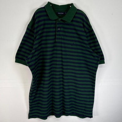 古着 ノーティカ NAUTICA 鹿の子 半袖 ポロシャツ 2ボタン ロゴ 刺繍 L グリーン系 ボーダー メンズ