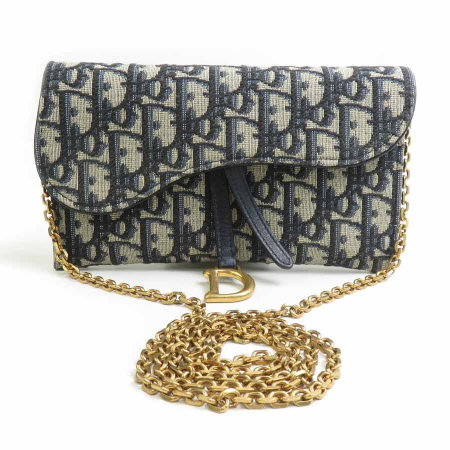 クリスチャンディオール Christian Dior チェーンウォレット オブリーク サドル キャンバス ネイビー レディース【中古】 90235a