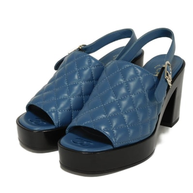 CHANEL シャネル マトラッセ サンダル 36 1/2 CCマーク ロゴ キルティング バックストラップ チャンキーヒール ココマーク ラムスキン ブルー ミュール G45567
