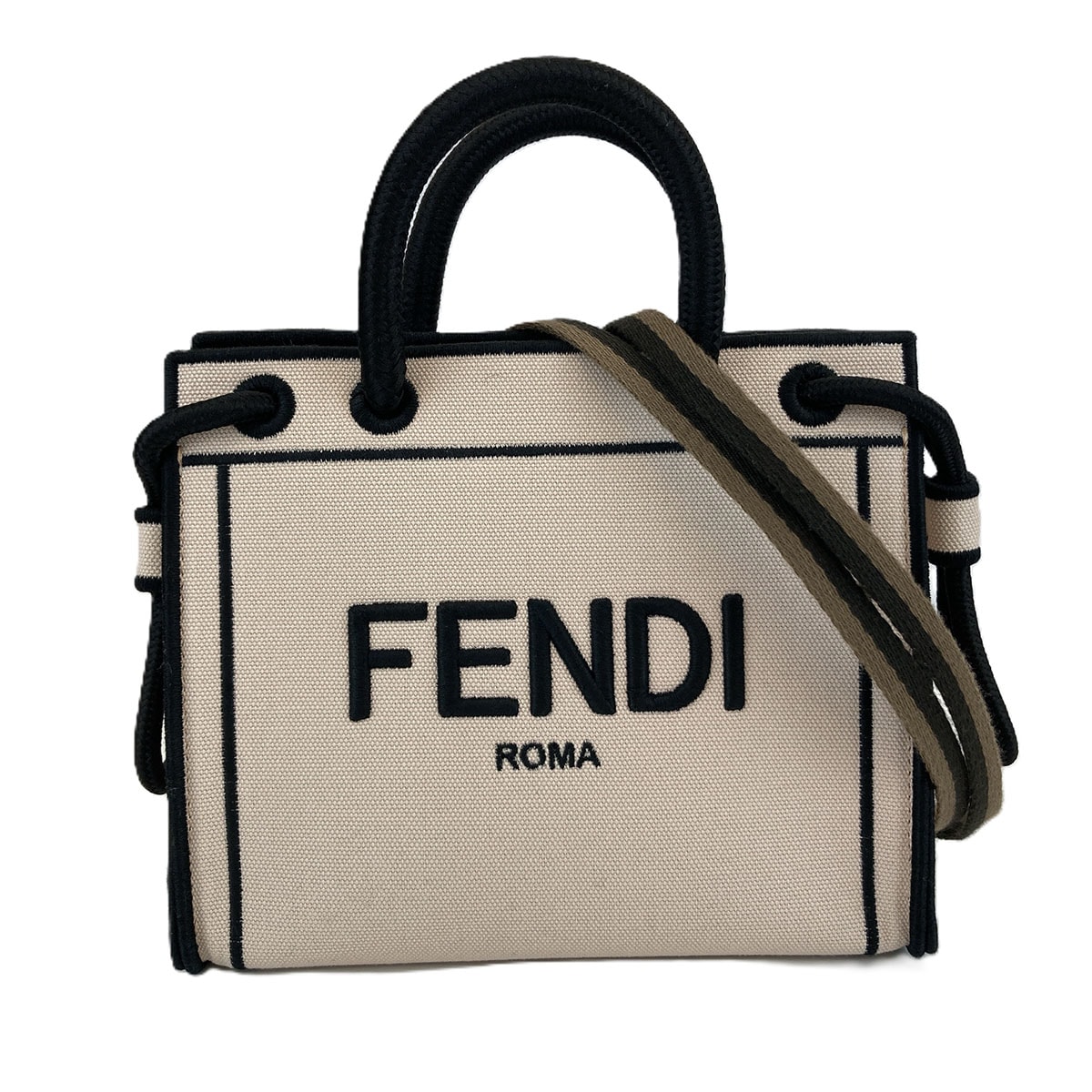 FENDI フェンディ ロゴ ローマ ショッパー トート 2WAY ショルダーバッグ 8BH380 キャンバス ホワイト  レディース【中古】