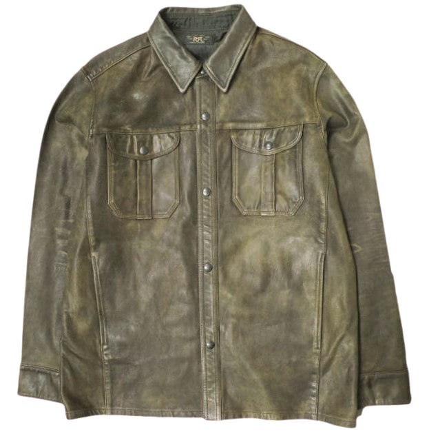 新品 RRL ダブルアールエル 25SS Hand-Distressed Leather Overshirt ハンドディストレストレザーオーバーシャツ M Black Over Brown 革ジャン Double RL レザージャケット mc68672