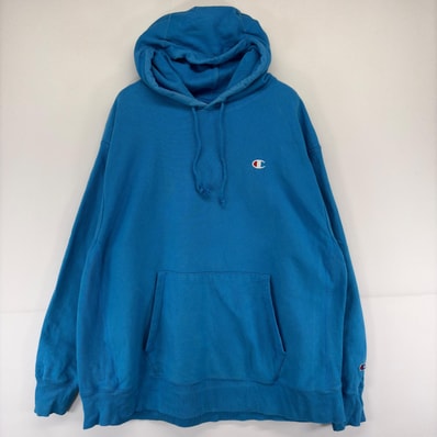 古着 チャンピオン Champion スウェット パーカー プルオーバー ワンポイント 刺繍 リバースウィーブ 大きいサイズ 2XL ブルー メンズ