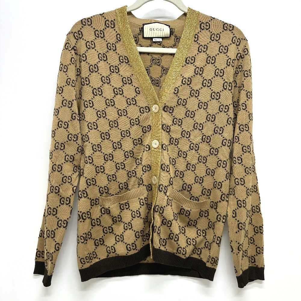 グッチ GUCCI ラメ切替 GG柄 501251 アパレル カーディガン ウール ブラウン