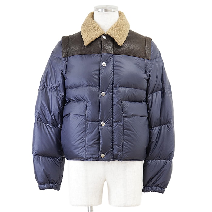 PRADA プラダ ダウンジャケット リップストップナイロン ラムレザー ボアカラー 2WAY デタッチャブルアーム ベスト ブルゾン 短丈 軽量 アウター メンズ サイズ 46 ネイビー ブラウン 紺 茶 ルーマニア製