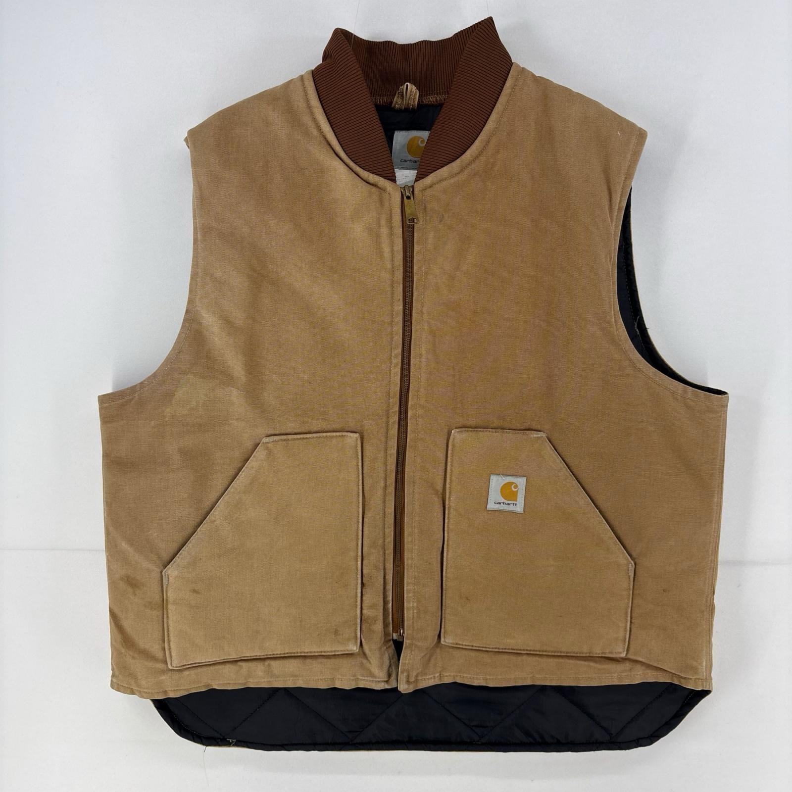 古着 カーハート Carhartt ダック ベスト フルジップ 作業着 ワーク ワンポイント 中綿 刺繍 大きいサイズ 2XL  ブラウン メンズ