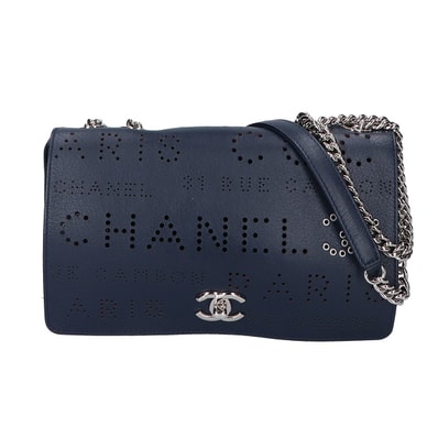 シャネル A50299 27番 パンチングロゴ シングルフラップチェーンバッグ ネイビー -