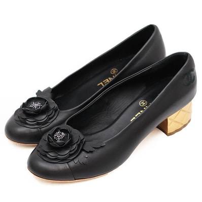 CHANEL シャネル パンプス レザー カメリア サイズ 37h レディース G30910 マトラッセ ボールドヒール COCOマーク刺繍 ロゴ エンブロイダリー シューズ 靴 ブラック ゴールド 黒 金色 イタリア製