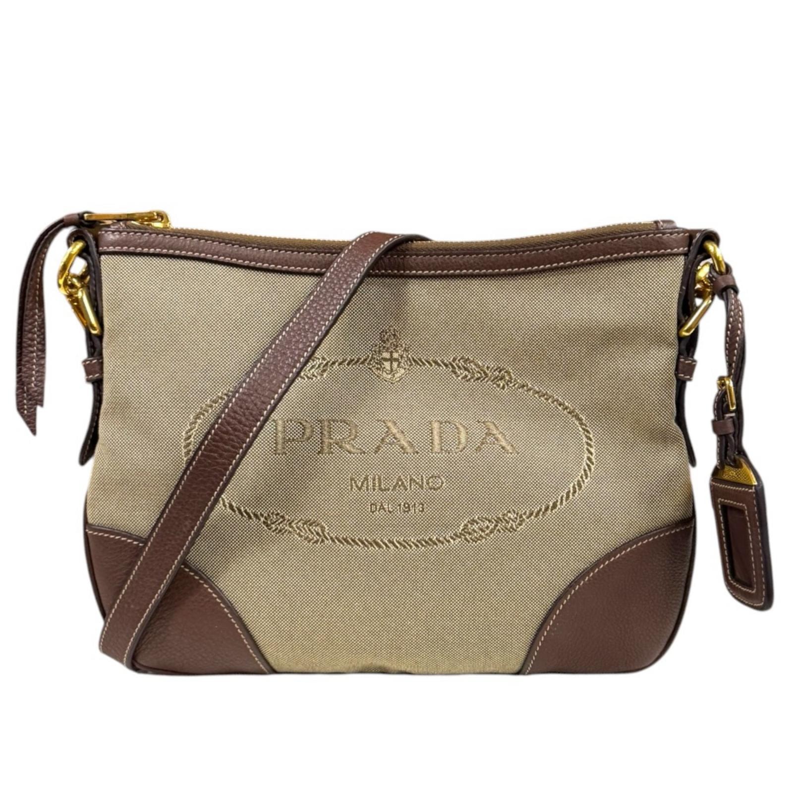 プラダ ロゴ ジャガード ショルダーバッグ キャンバス BT867A ブラウン レディース PRADA  中古