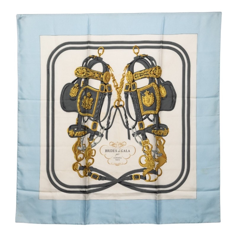 エルメス カレ90 BRIDES de GALA 式典用馬勒 スカーフ 大判 ブルー マルチカラー シルク レディース HERMES 【中古】