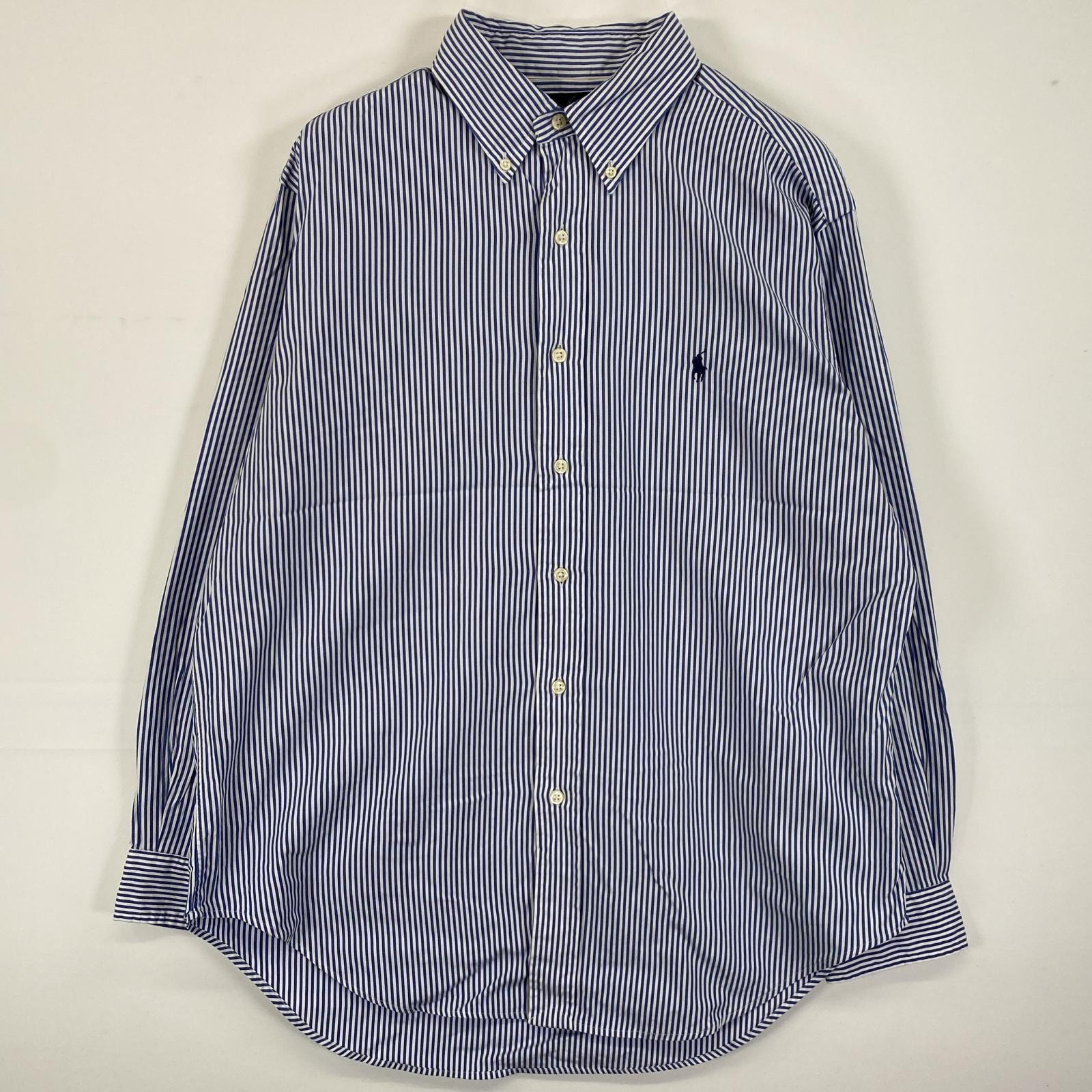 古着 90's/90年代 ラルフローレン RALPH LAUREN 長袖シャツ ボタンダウン ロゴ刺繍 ワンポイントロゴ 16 32/33  ブルー系 ストライプ メンズ
