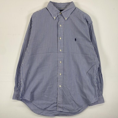 古着 90's/90年代 ラルフローレン RALPH LAUREN 長袖シャツ ボタンダウン ロゴ刺繍 ワンポイントロゴ 16 32/33 ブルー系 ストライプ メンズ