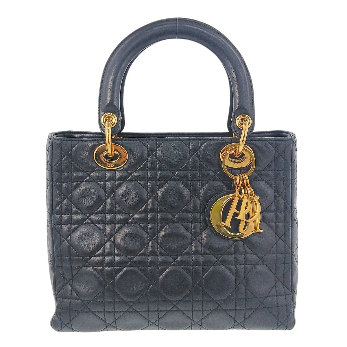 Christian Dior クリスチャンディオール レディディオール ミディアム カナージュ ハンドバッグ ラムスキン ブラック ゴールド  レディース【中古】
