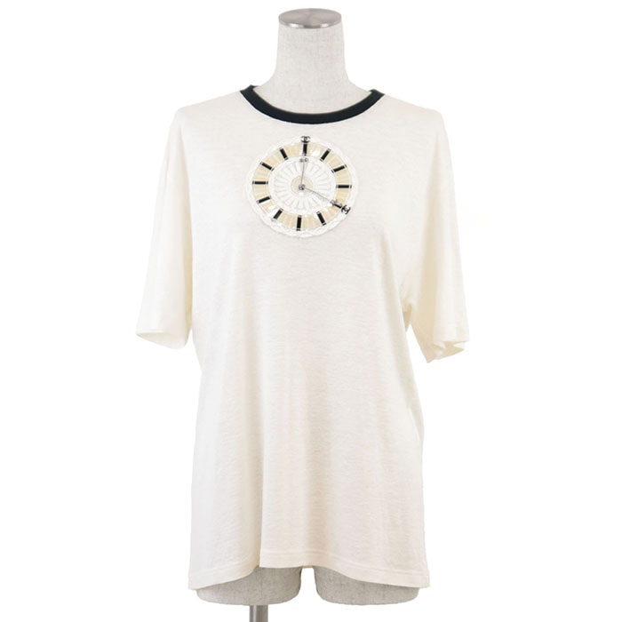 美品 シャネル P62662 時計 モチーフ Tシャツ カットソー レディース オフホワイト ブラック 42 CHANEL