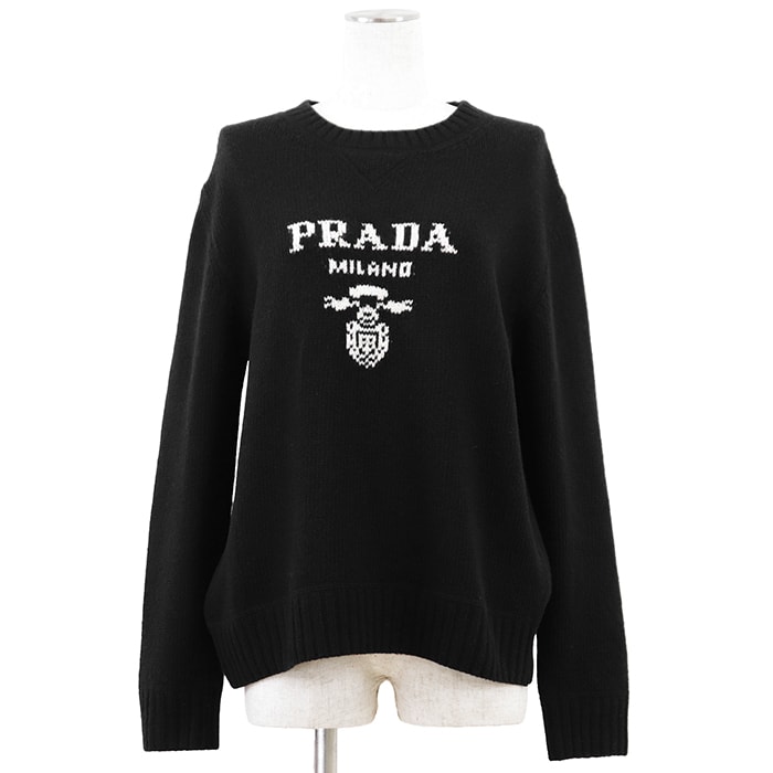 PRADA プラダ ニット サイズ 40 レディース ロゴ インターシャ ウール × カシミヤ プルオーバー クルーネック ロングスリーブ 丸首 長袖 トップス ブラック 黒 イタリア製