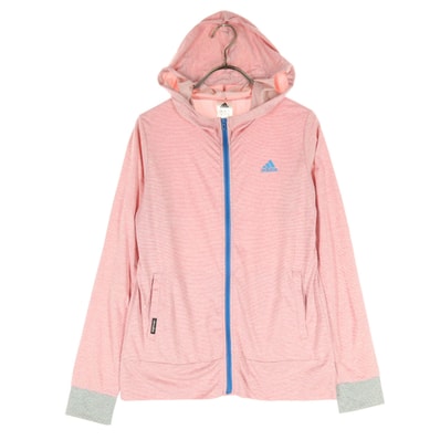 美品 adidas アディダス ボーダー 長袖 フーディー パーカー M ピンク climalite 薄手