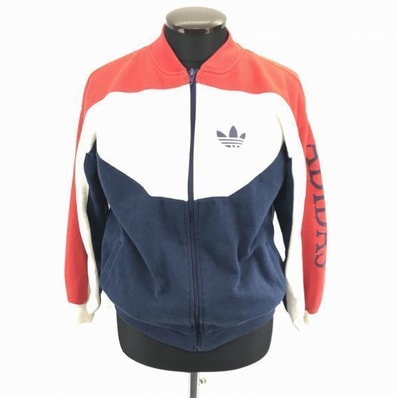 80sビンテージ?★adidas★フルジップブルゾン/アウター【M/赤×白×紺】裏地フリース/袖ADIDASプリント/トレフォイルロゴ/アディダス◆BA950L