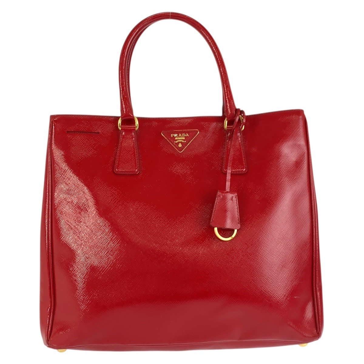 美品 PRADA プラダ サフィアーノ 三角ロゴプレート レッド ゴールド金具 レザー ハンドバッグ トートバッグ 601594 【中古】