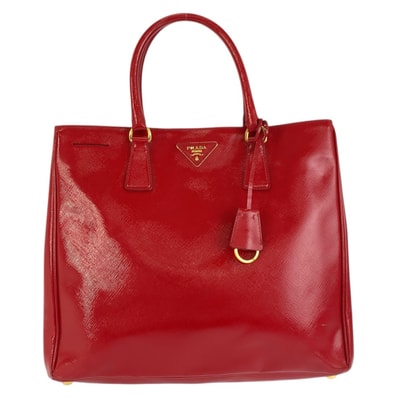 美品 PRADA プラダ サフィアーノ 三角ロゴプレート レッド ゴールド金具 レザー ハンドバッグ トートバッグ 601594 【中古】
