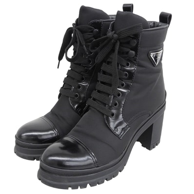 プラダ 美品 RE-NYLON トライアングルロゴ ショートブーツ シューズ レディース 黒 ブラック 37 1/2 1T708M 37.5
