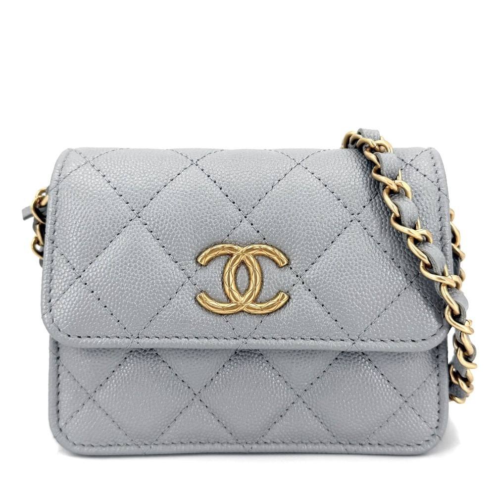 CHANEL シャネル ショルダーバッグ ミニマトラッセ ココマーク ミニバッグ 肩掛け 斜め掛け キャビアスキン グレー ゴールド金具 レディース【中古品】