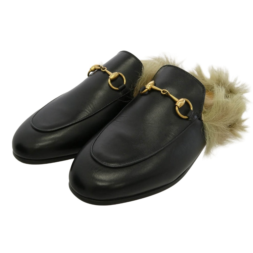 GUCCI グッチ プリンスタウン  ホースビット ミュール レザー ファー ウィメンズ サンダル ブラック系 35【極上美品】【中古】