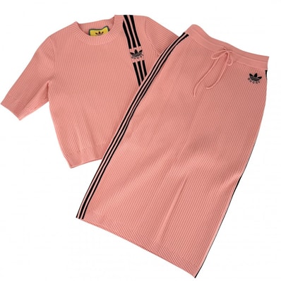 GUCCI グッチ セットアップ アディダスコラボ 半袖ニット ロングスカート adidas M 693809/697710 ピンク ブラック 黒 レーヨン ポリエステル ナイロン ポリウレタン レディース 春 夏 美品【中古品】