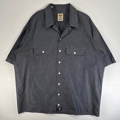 古着 ディッキーズ Dickies 半袖シャツ ワーク 作業着 フラップポケ シャンブレー 大きいサイズ 2XL ダークグレー 無地 メンズ