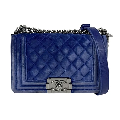 シャネル CHANEL ショルダーバッグ ボーイシャネル ベルベット ブルー シルバー レディース【中古】 z11200