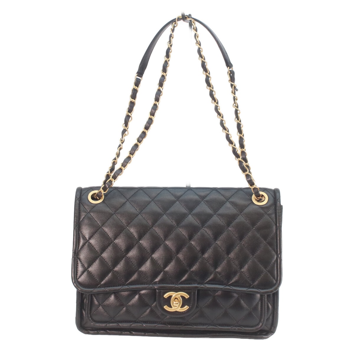 シャネル AS4723 黒 シャイニーラム ゴールド金具 マトラッセ シングルフラップ ダブルチェーン ショルダーバッグ
