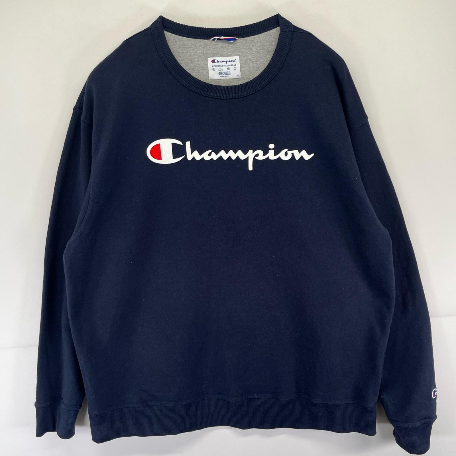 古着 チャンピオン Champion スウェット ロゴ 大きいサイズ プリント トレーナー クルーネック 4XL  ネイビー系 メンズ