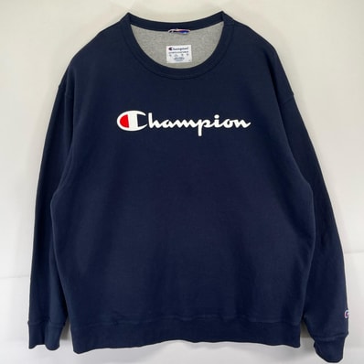 古着 チャンピオン Champion スウェット ロゴ 大きいサイズ プリント トレーナー クルーネック 4XL ネイビー系 メンズ