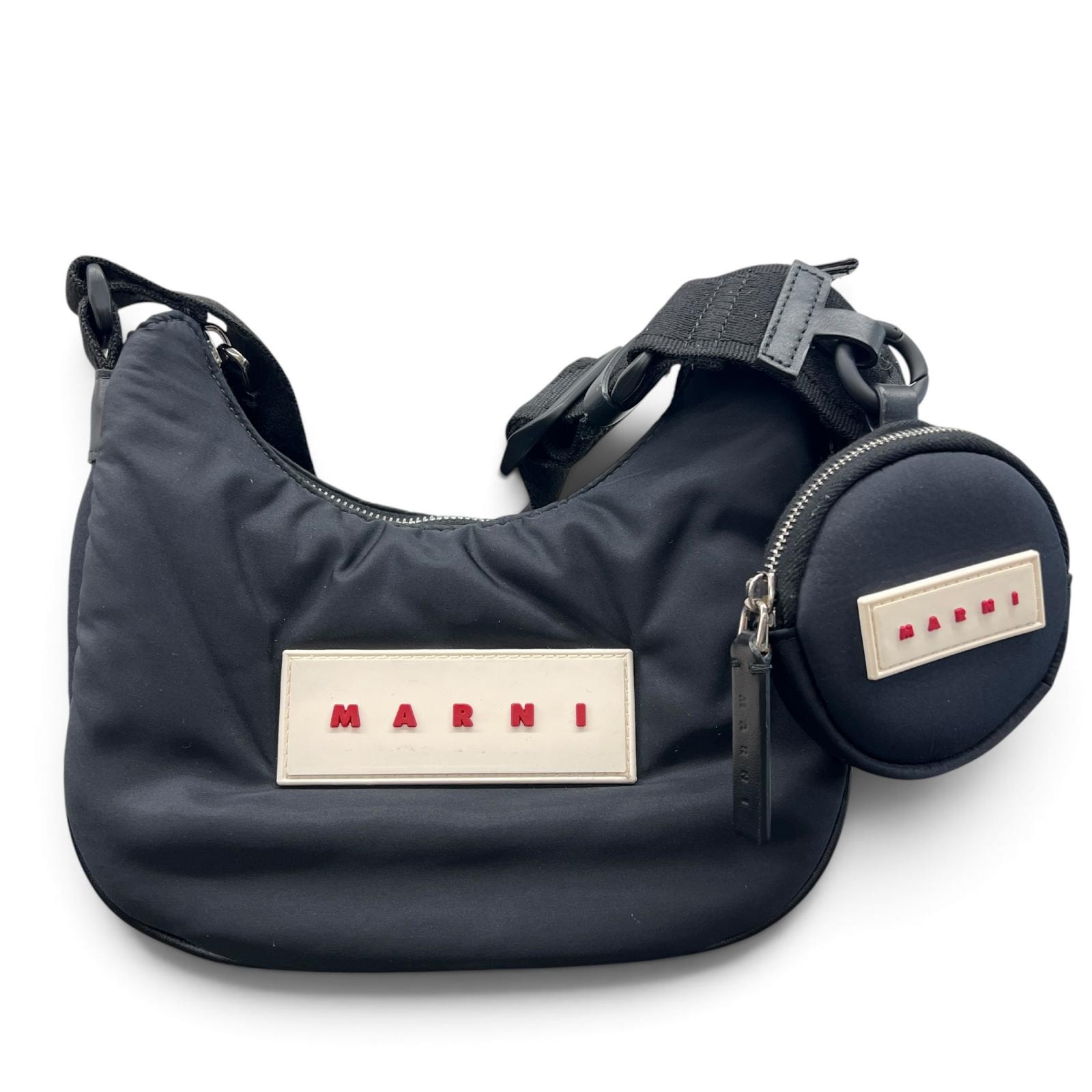 MARNI 希少 美品 マルニ PUFF SMALL HOBO パフ スモール ホーボーバッグ ショルダーバッグ SBMP0147U2 ナイロン レザー ブラック ポーチ クロスボディ ABランク 鑑定済 中古 マルニバッグ