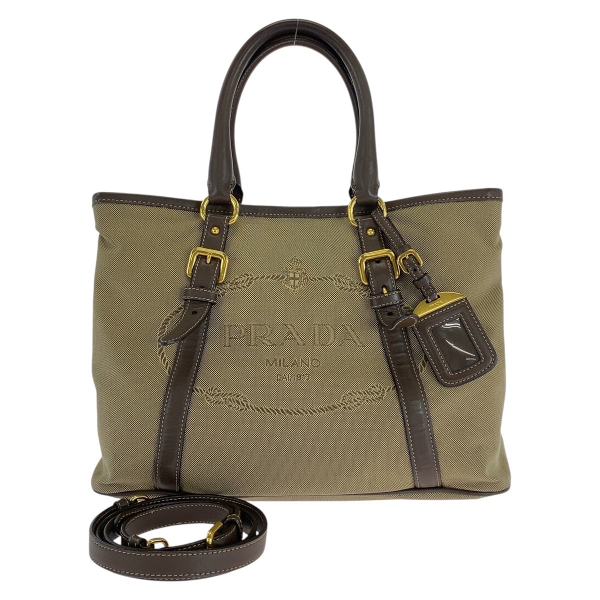 美品 PRADA プラダ ロゴジャガード 三角ロゴプレート カーキ ブラウン ゴールド金具 キャンバス レザー/ トートバッグ ショルダーバッグ 506665 【中古】