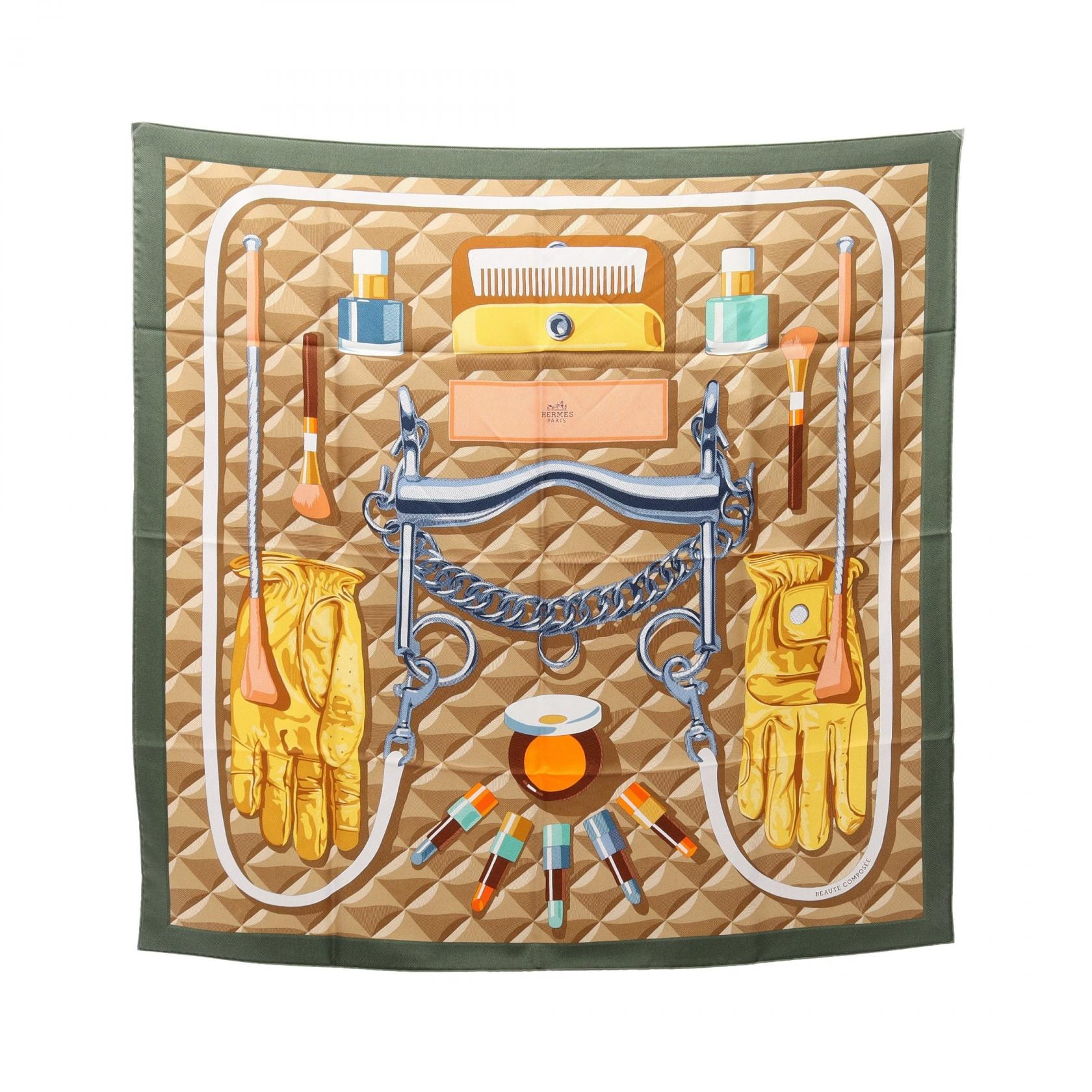エルメス HERMES カレ90 BEAUTE COMPOSEE スカーフ 衣料品 シルク シルク ベージュ レディース ベージュ系 / マルチカラー 【中古】