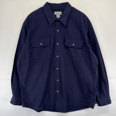 古着 カーハート Carhartt 長袖シャツ ワーク ワンポイントロゴ 大きいサイズ 刺繍 胸ポケット 2XL ネイビー系 メンズ