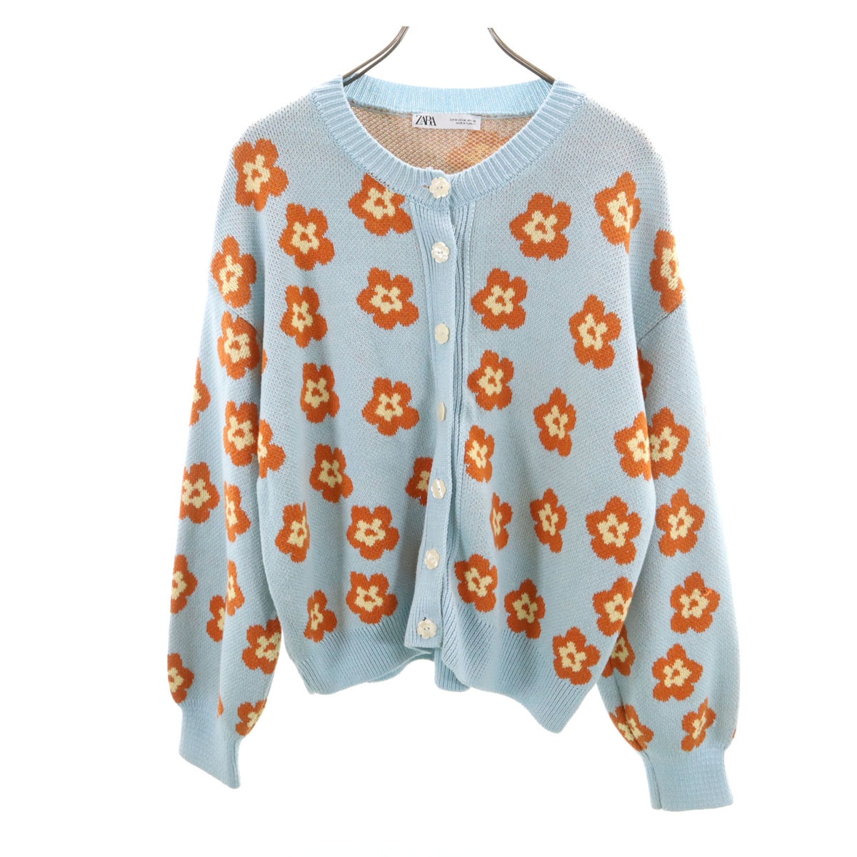 ZARA ザラ 花柄 長袖 ニットカーディガン M 水色