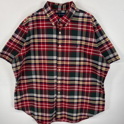 古着 ラルフローレン RALPH LAUREN 半袖シャツ ボタンダウンシャツ ワンポイント ロゴ 刺繍 オックスフォードシャツ 14041 レッド系 チェック メンズ