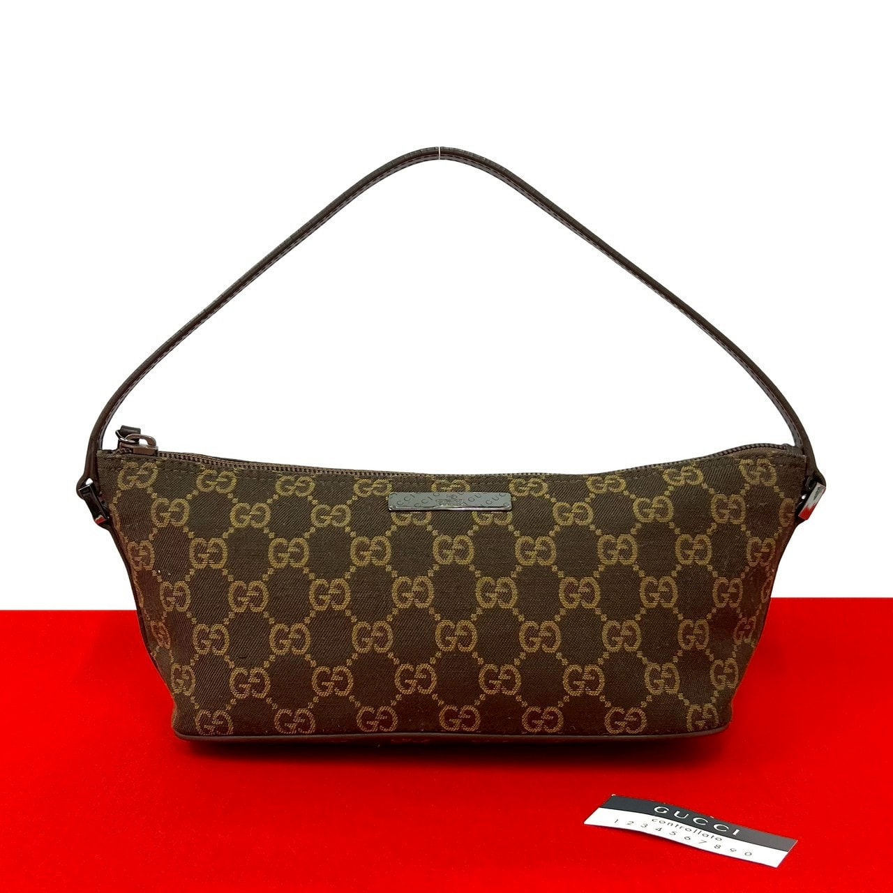 GUCCI グッチ GG 柄 ロゴ 金具 キャンバス レザー ハンドバッグ ブラウン
 55729