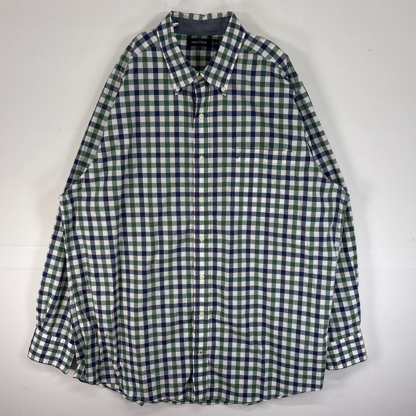 古着 ノーティカ NAUTICA 長袖シャツ チェック ロゴ 刺繍 大きいサイズ 2XL  グリーン マルチカラー メンズ