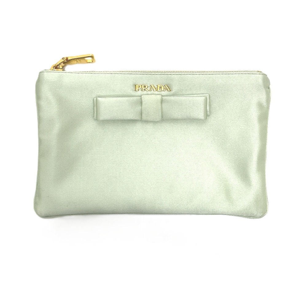 プラダ PRADA ロゴ リボン 1M1214 フラット クラッチバッグ メイクポーチ マルチポーチ 化粧ポーチ ポーチ サテン ACQUA グリーン系