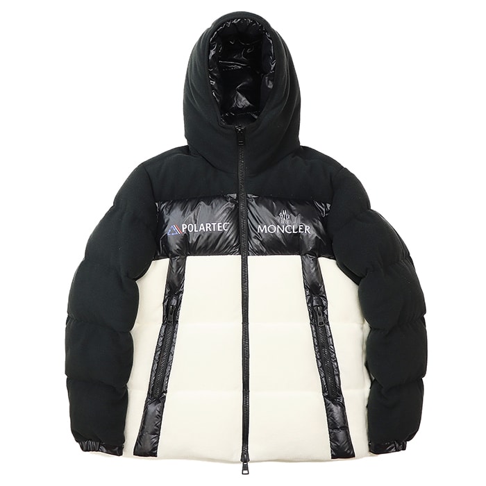 MONCLER モンクレール ダウンジャケット サイズ 3 メンズ MALAVOY マラボイ 2021年モデル POLARTEC ポーラテック ロゴ プリント フリース × シャイニーナイロン アウター ブラック アイボリー 黒 ルーマニア製