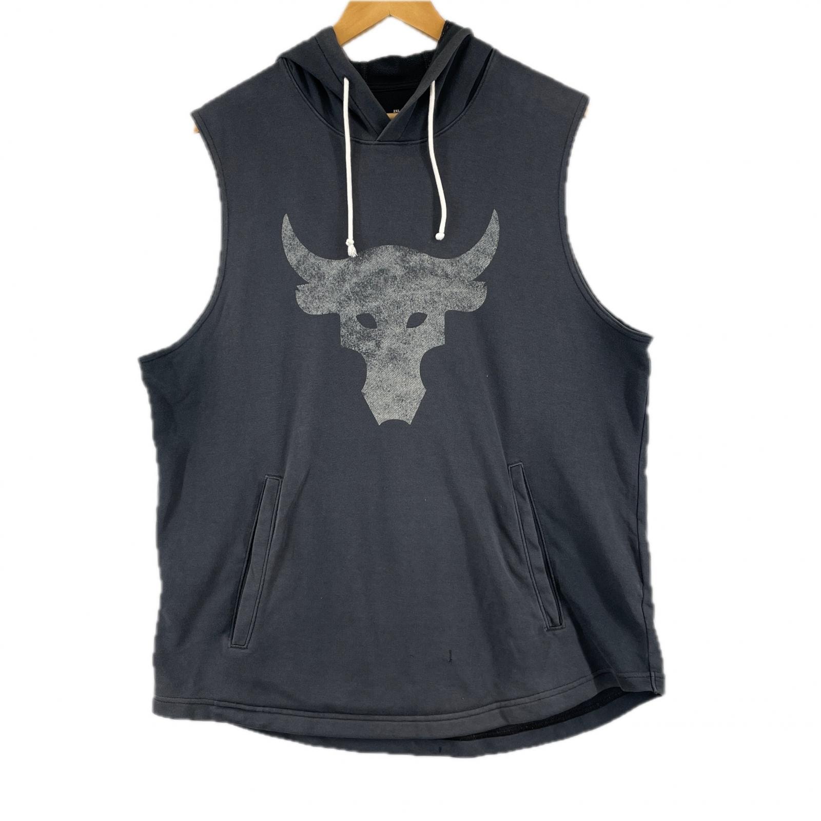 美品 UNDER ARMOUR アンダーアーマー 前面プリント 春夏 SS ノースリーブTシャツ コットン ダークグレー メンズ 2XL フード付き【古着】【中古】