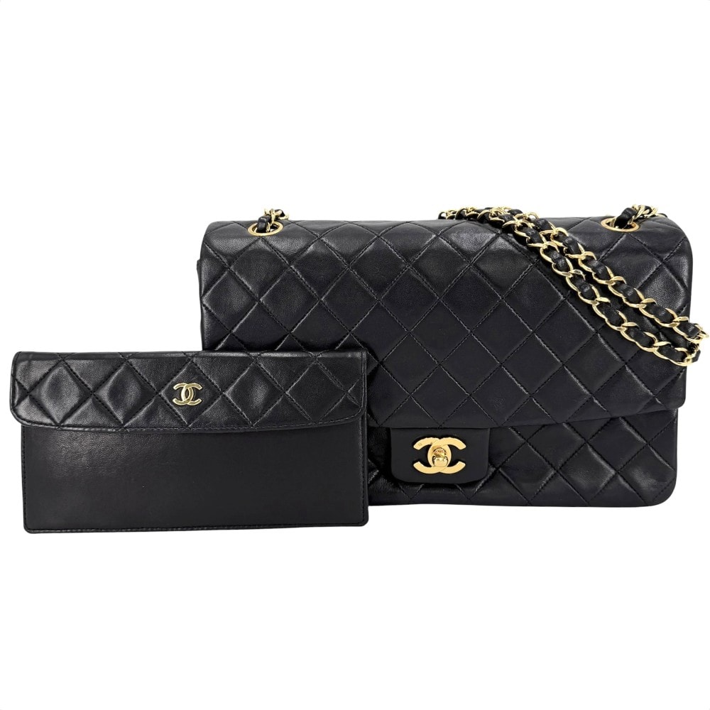 CHANEL シャネル ショルダーバッグ マトラッセ ダブルチェーン 肩掛け 斜め掛け ココマーク ターンロック ラムスキン    ブラック 黒 ゴールド金具 レディース【中古品】