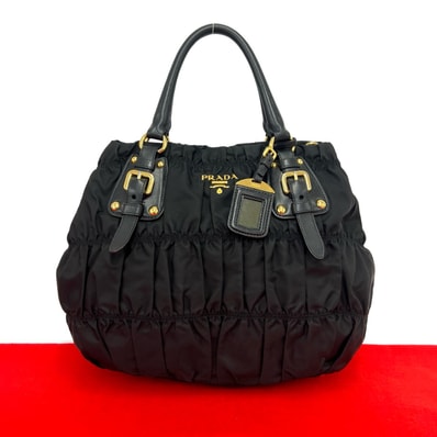 PRADA プラダ ロゴ 金具 ギャザー ナイロン レザー ハンドバッグ ブラック
50167
