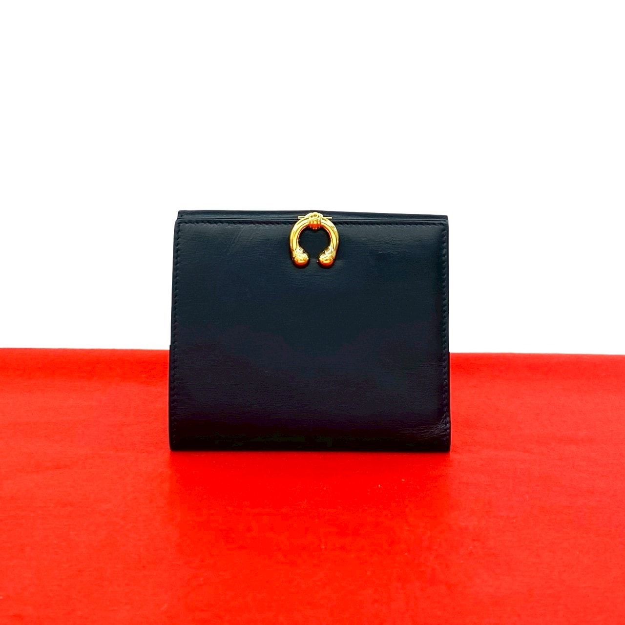 GUCCI グッチ ホースシュー 金具 レザー 二つ折り財布 ネイビー
 113-7